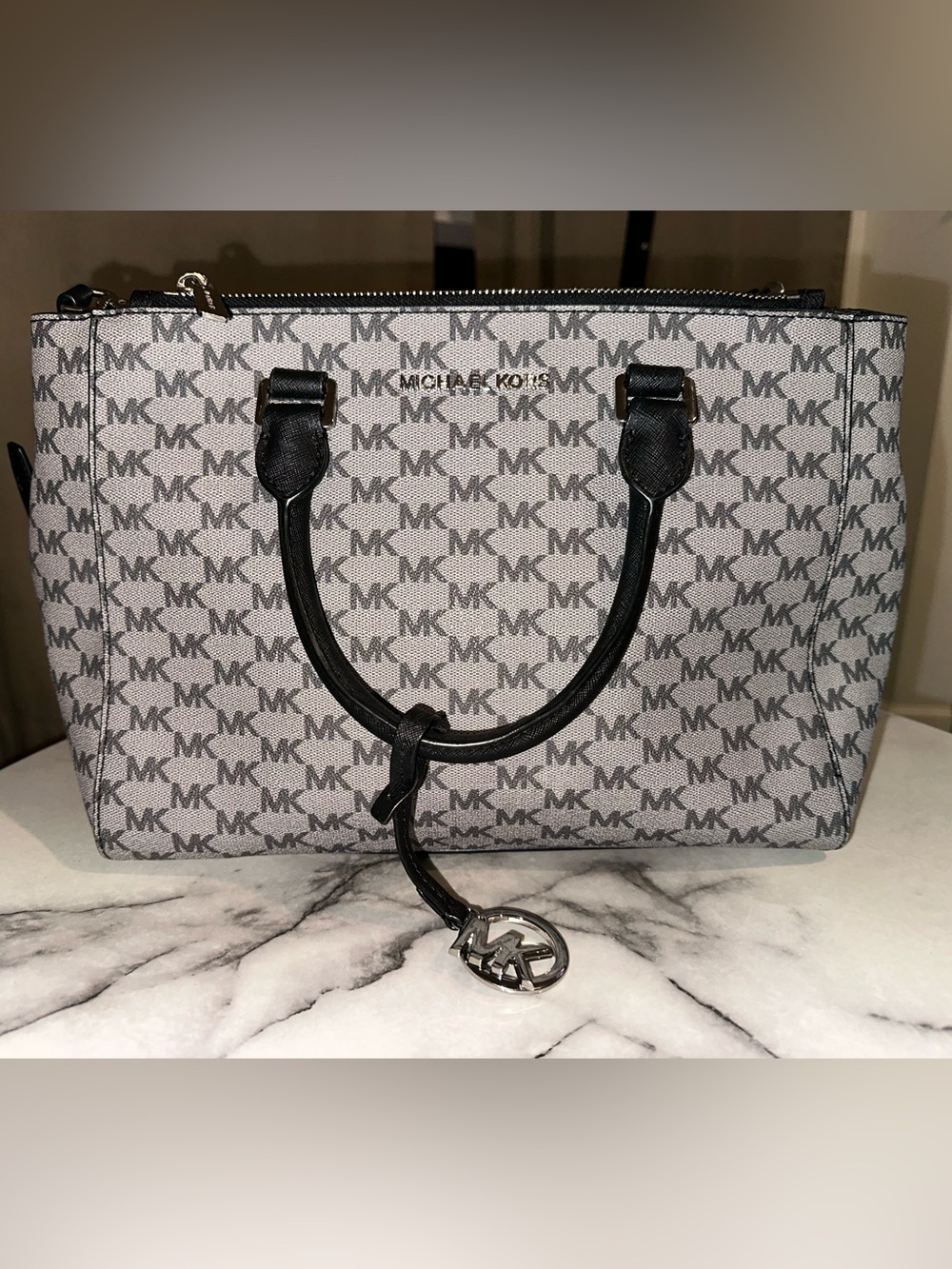 Michael Kors Gray MK Monogram Tote with Black Trim
